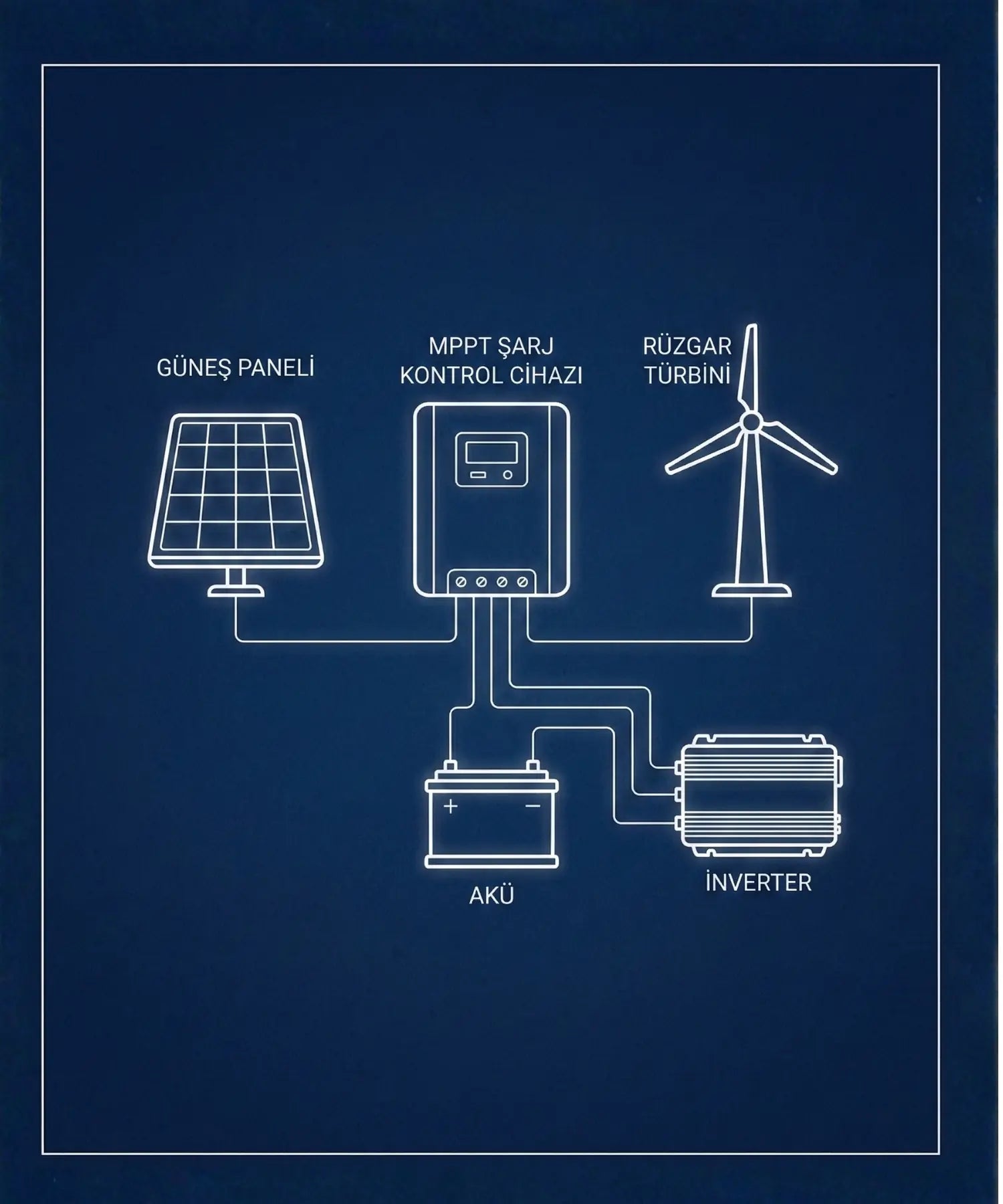 Windua Hibrit Enerji Sistemi Teknik Bağlantı Şeması: Güneş Paneli, Rüzgar Türbini, İnverter ve Akü Kurulum Diyagramı
