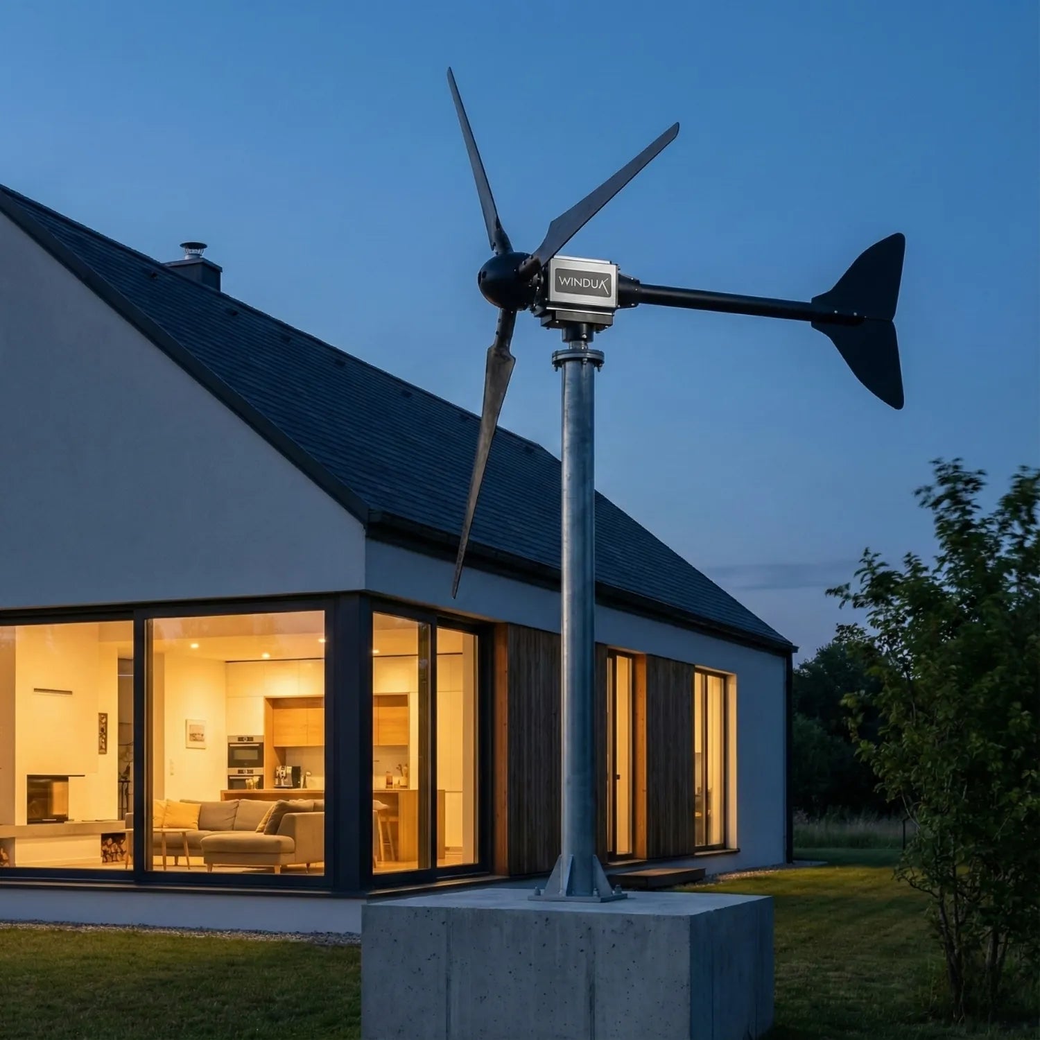 Sabit kurulumlu Windua rüzgar türbini, akşam saatlerinde aydınlatılmış müstakil ev için kesintisiz enerji çözümü